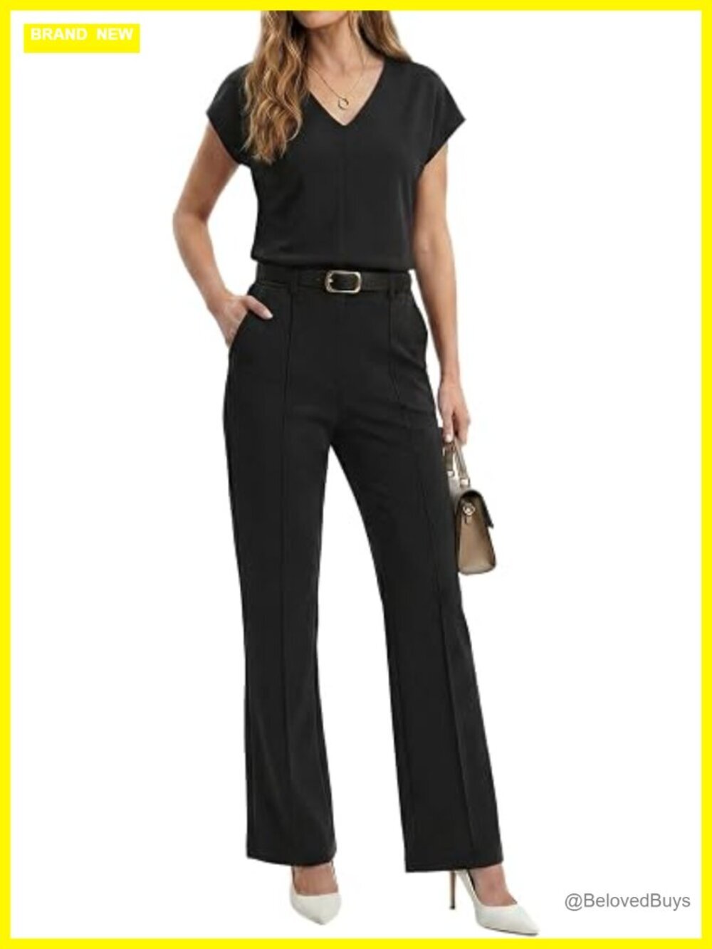 2 Piece Set V-Neck Top & Pockets Pants Rayon Polyester Spandex Casual